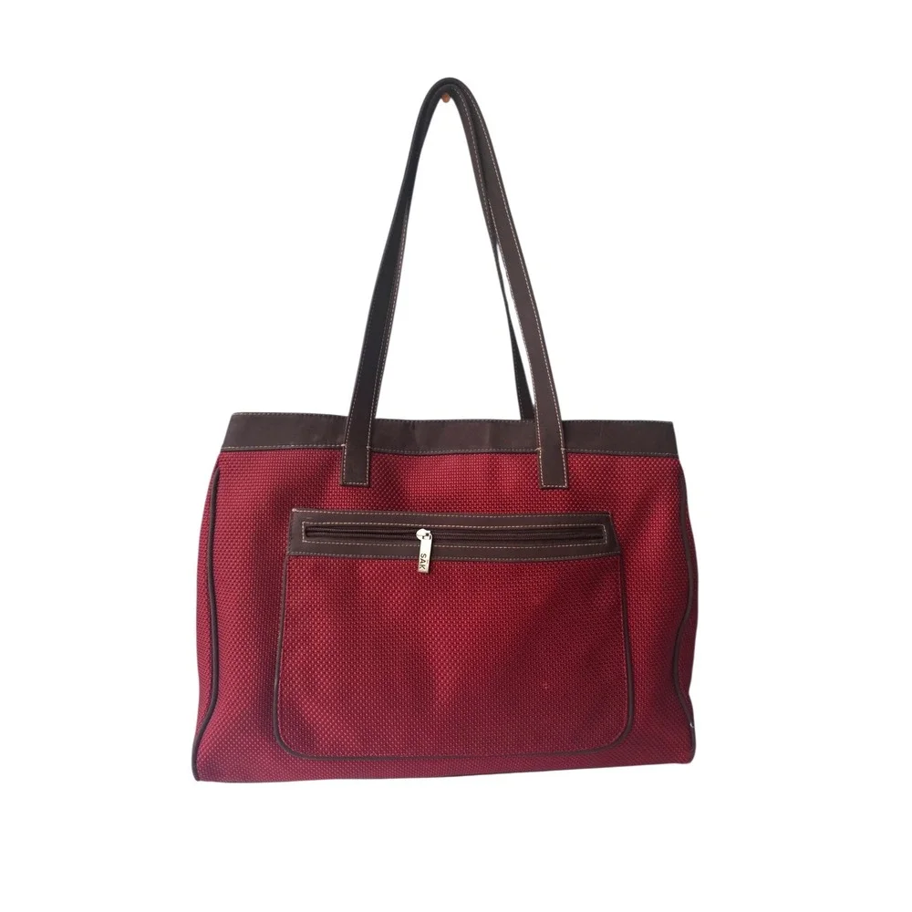The Sak Red Woven Tote Bag Brown Faux Leather Trim Large‎ Shoulder Bag Pocket